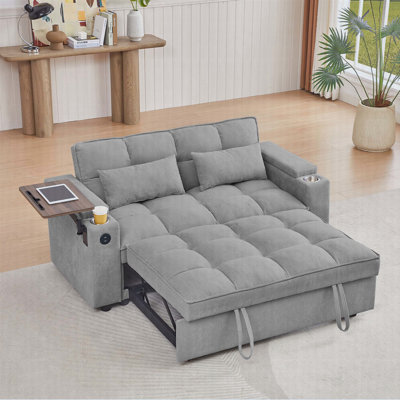 Canapé-lit en chenille avec accoudoirs avec rangement, port USB et table d'appoint