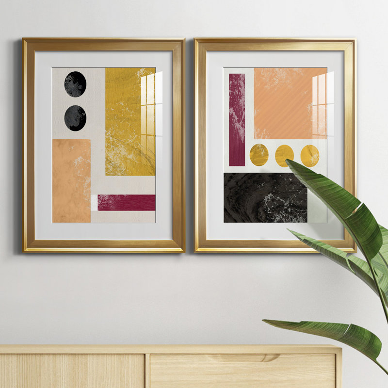 Essie Abstract I - Ensemble de 2 reproductions d'art, H 22,5 po x l 61 po x P 1,5 po, Papier encadré doré, Blanc