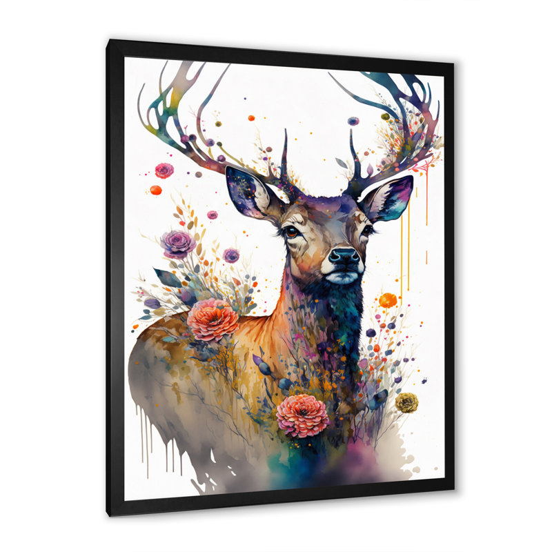 «Cute Deer Floral I», impression sur toile, Cadre photo noir, H 32 po x l 24 po x P 1 po