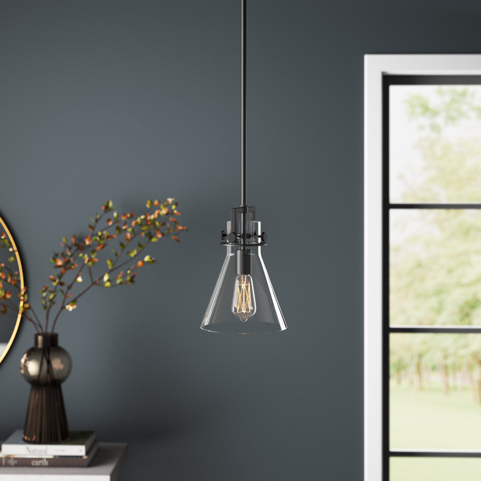 Coterie Single Light Glass Dimmable Pendant, Clear, Matte Black, 11.38" H x 8" W x 8" D