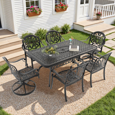 6-Person Rectangular Cast Aluminum Patio Dining Set with 2 Swivel Chairs & Cushions & Umbrella Hole by Bloomsbury Market