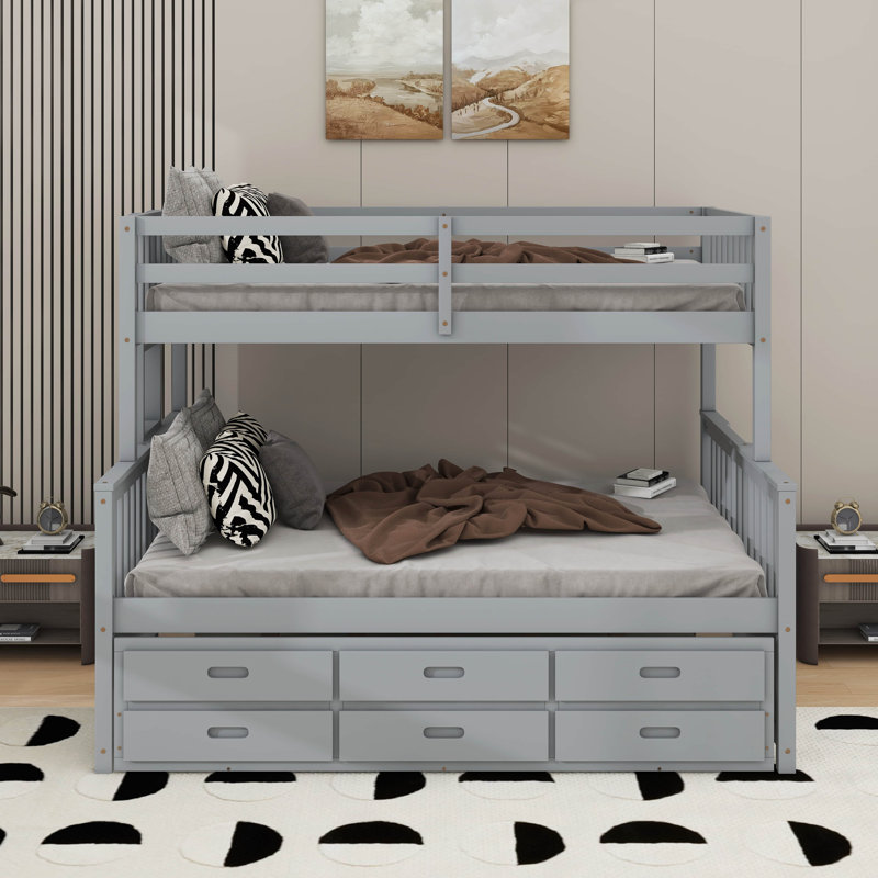 Lit simple superposé au dessus d'un lit double avec tiroirs et lit gigogne, Gris