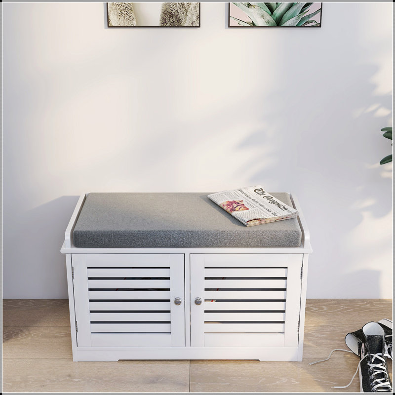 Banc de rangement pour chaussures avec coussin de siège rembourré, banc d'entrée avec 2 portes de grange