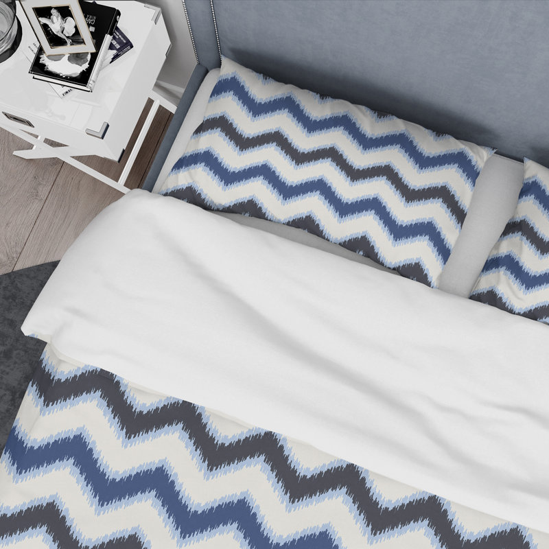 Chevron bleu et blanc - ensemble de housse de couette abstrait - microfibre de polyester