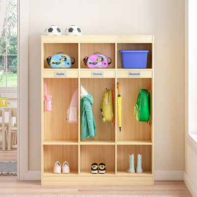 Casier de vestiaire de classe à 3 sections avec 6 casiers et miroir en acrylique, casiers de garderie avec 6 crochets, casiers de jardin d'enfants pour la maison, l'école et la chambre de bébé