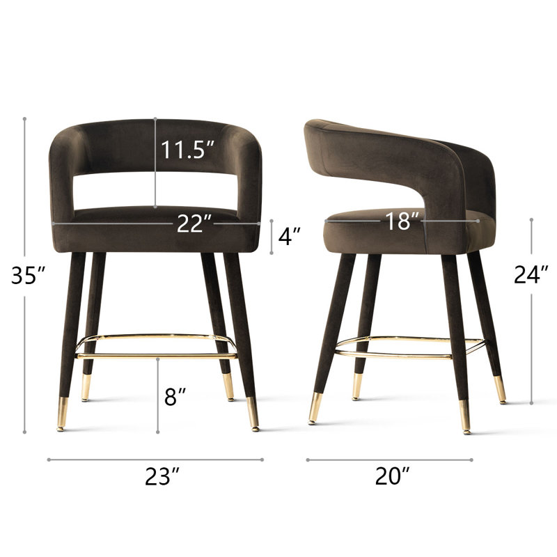 Velvet Upholstered Counter Height Bar Stools With Gold Footrest, 24" Seat Height Kitchen Island Bar Chairs, Chocolate Brown