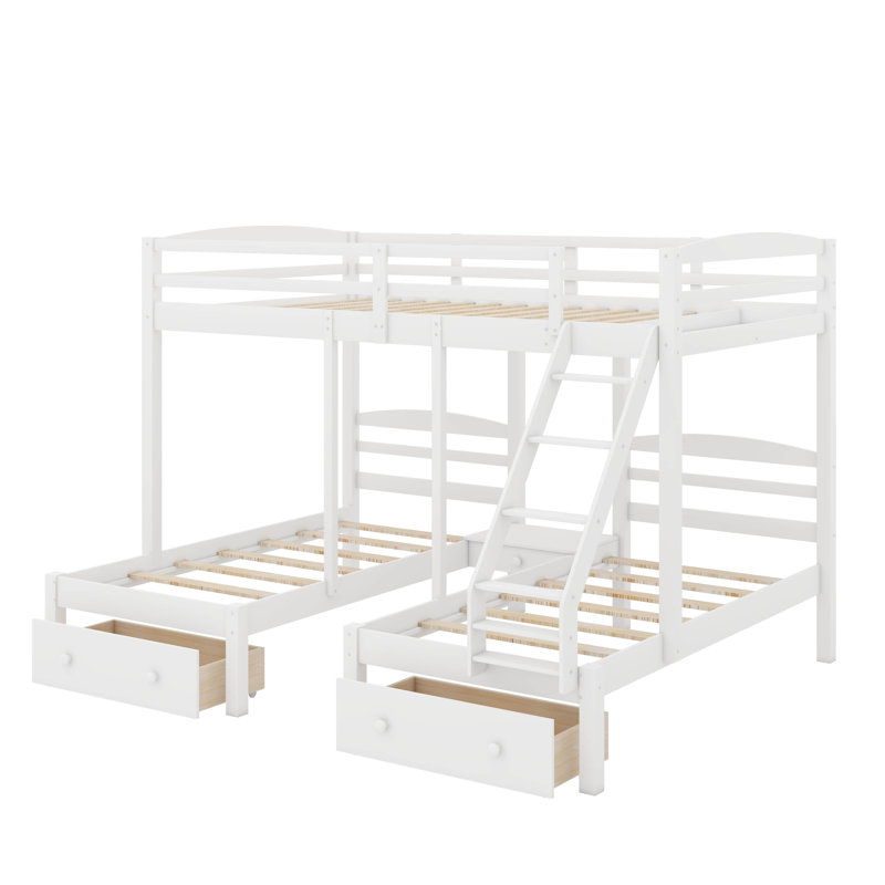 Wooden Triple Bunk Bed With 2 Storage Drawers, Ladder And Guardrails, No Box Spring Needed