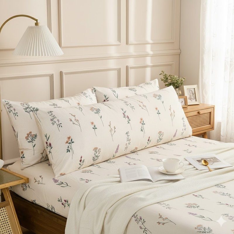 Taie d'oreiller pour corps 100% coton, housse de coussin 1 pièce à motif floral crème, ensemble de taies d'oreiller à fermeture douce et respirante (corps, 20 po x 54 po)