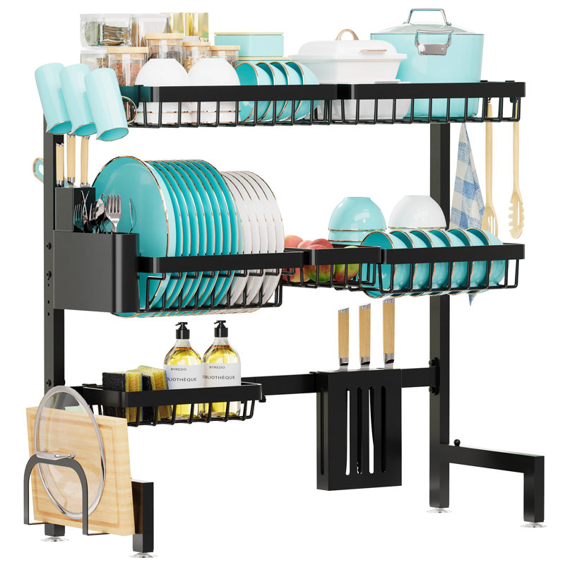 Over-the-Sink Stainless Steel Dish Drying Rack with Utensil Holder, Knife Holder, and Hooks, Black