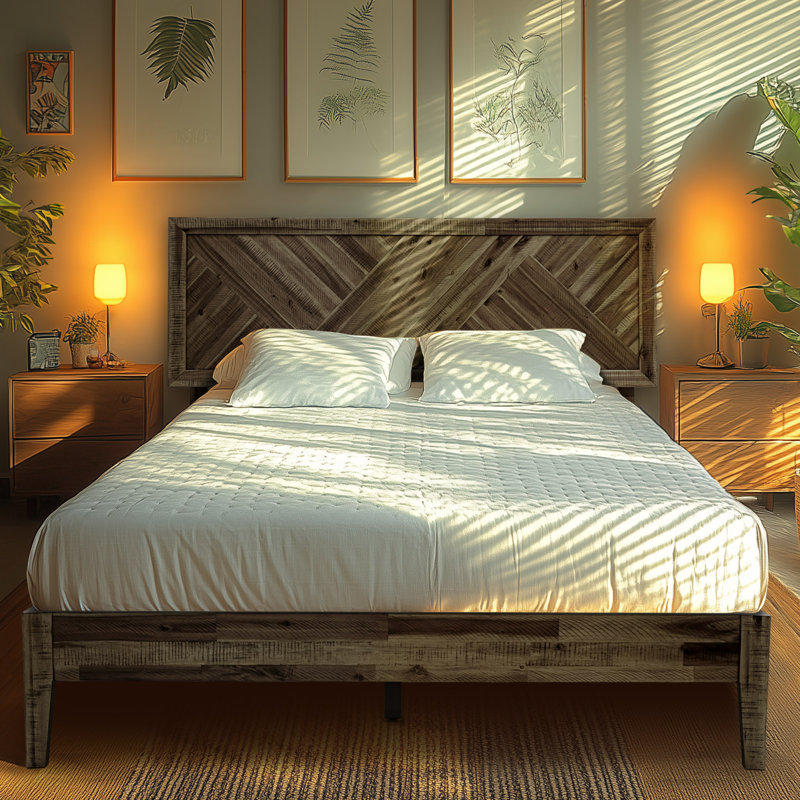 Sierra Solid Wood Bed Frame with Adjustable Headboard / Handcrafted Pattern Platform Bed, King, Mocha - Ebony