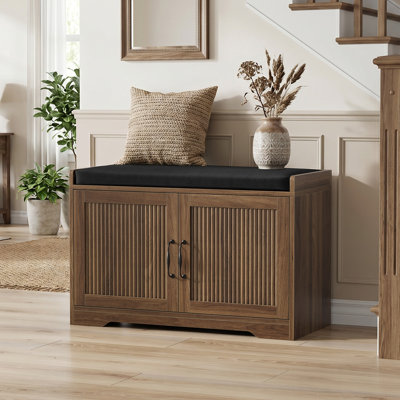 31.5" Farmhouse Shoe Storage Bench With Cushioned Seat, Fluted Double Door Shoe Cabinet With Adjustable Shelves For Entryway Mudroom