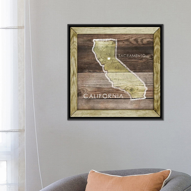 « california rustique map », impression sur toile, H 18 po x l 18 po x P 1,5 po, Pas de tapis, Toile avec cadre noir