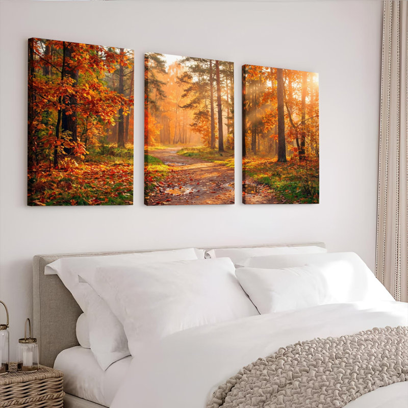 Ensemble de 3 tableaux sur toile tendue représentant un chemin forestier d'automne, H 18 po x l 36 po