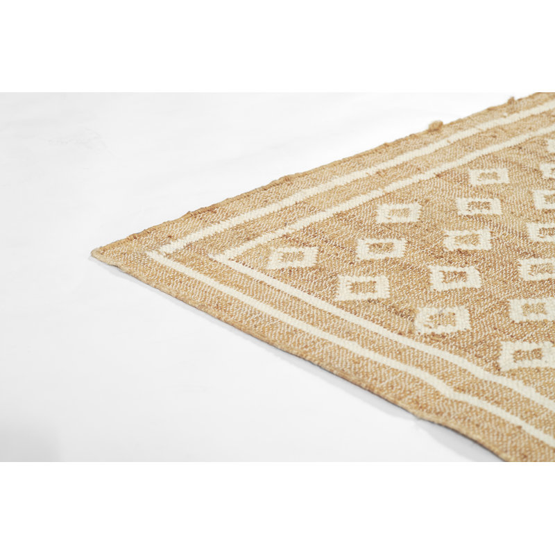 Handmade Beige and White Wool Viscose Rectangular Rug
