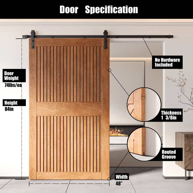 Porte de grange en bois de pin à finition verticale Homacer à rayures verticales Homacer, 48 po x 84 po