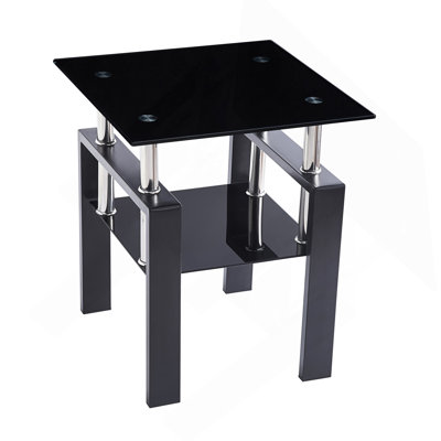Tempered Black Glass Sofa Table, 2-Layers End Table With Storage, Living Room Side Table