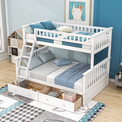 Twin Over Full Wood Bunk Bed With Drawers And Guardrails