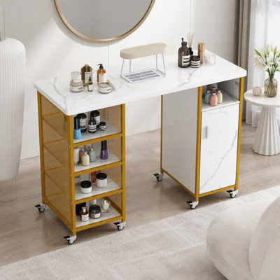 Table de manucure, table à clous à texture marbrée avec évent électrique à courant descendant, coussin de poignet, roues verrouillables, couches de rangement et armoire, blanc