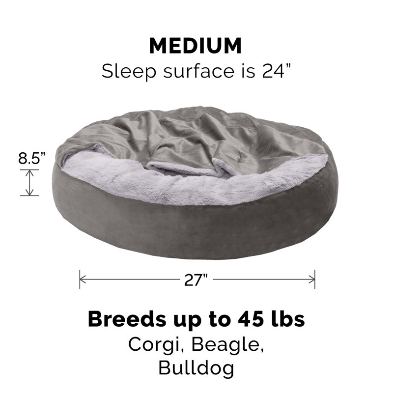 Velvet Wave Fur Hooded Donut Dog Bed, Medium (27" W x 27" D x 8.5" H), Dark Gray