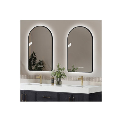 Miroir de salle de bain arqué à DEL avec cadre en aluminium noir anti-buée à intensité variable et affichage de la température