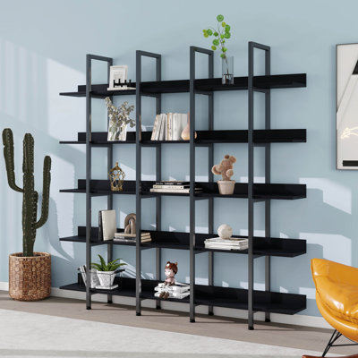 5 Tier Bookcase With Metal Frame, Open Book Display Shelf, Vintage Industrial Bookshelf, MDF Board Storage Organizer Rack