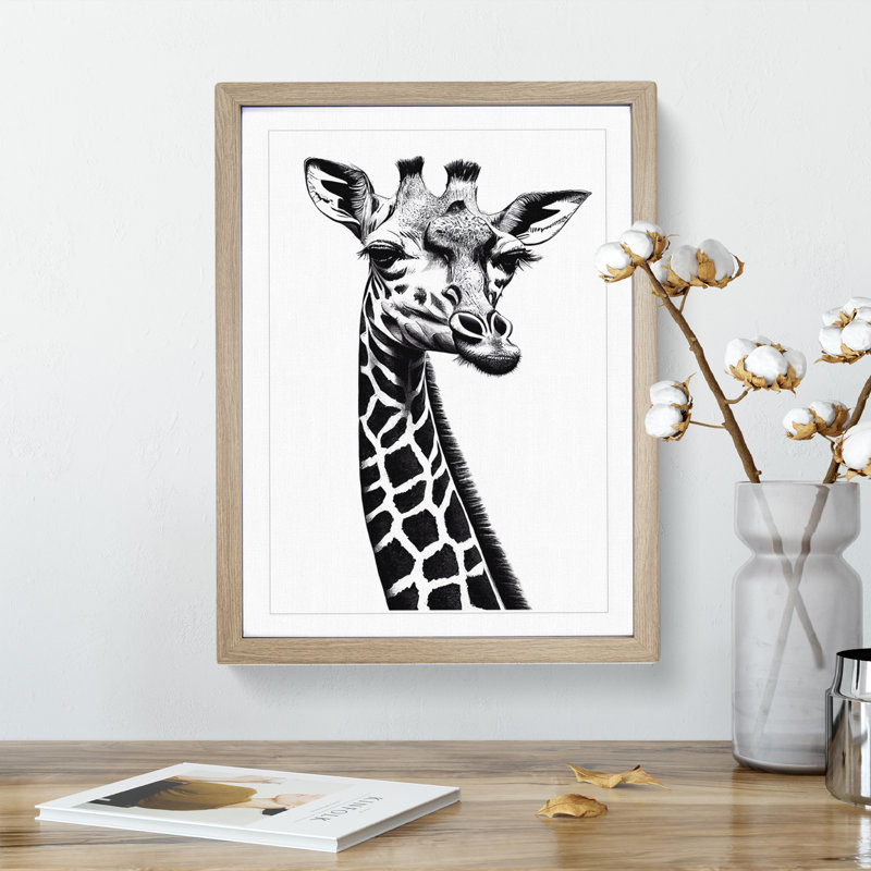 Monochrome Giraffe No.2 - Framed Print, 46cm H x 34cm W x 2cm D, Oak