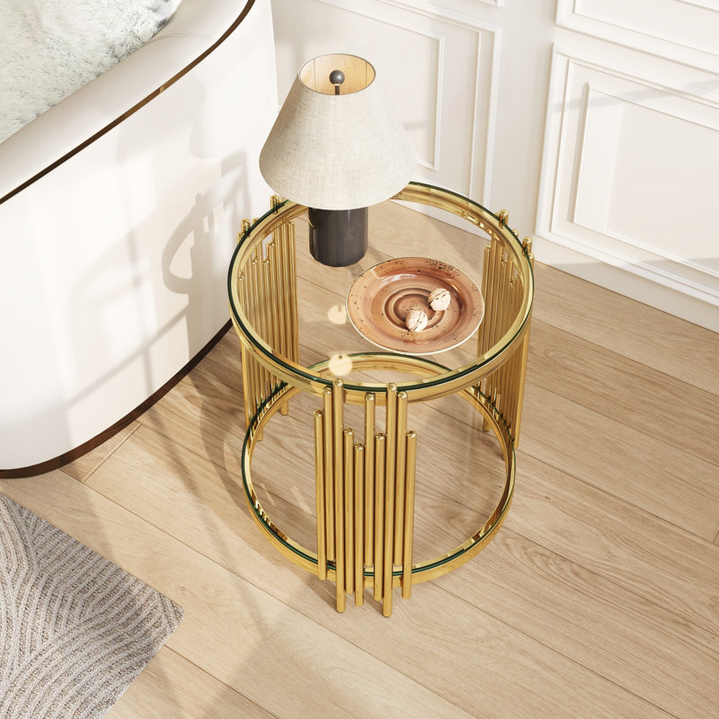 Table de bout ronde en verre à 2 niveaux avec cadre en verre transparent et or, H 21,26 po x l 19,7 po x P 19,7 po