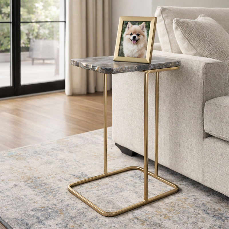 Table de bout rectangulaire avec plateau en agate et base en métal pour le salon, Blue