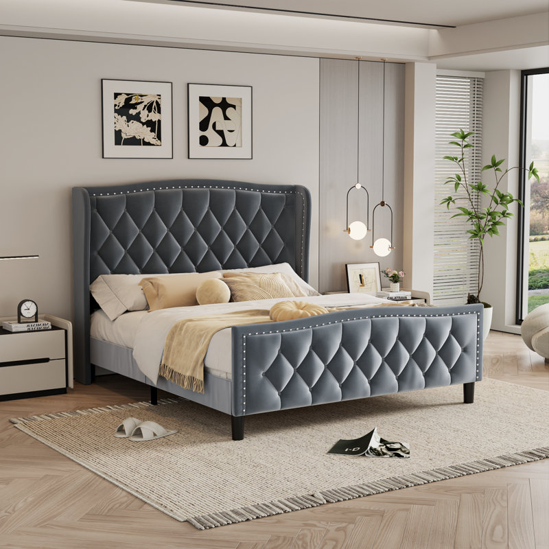Structure de lit de taille, lit plateforme tapissier moderne avec tête de lit à oreilles, structure de lit en velours avec support en lattes de bois, assemblage facile, aucun sommier tapissier nécessaire