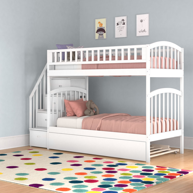 Jaxson Kids Solid Wood Staircase Bunk Bed with Roll Out Trundle, White, Twin Over Twin