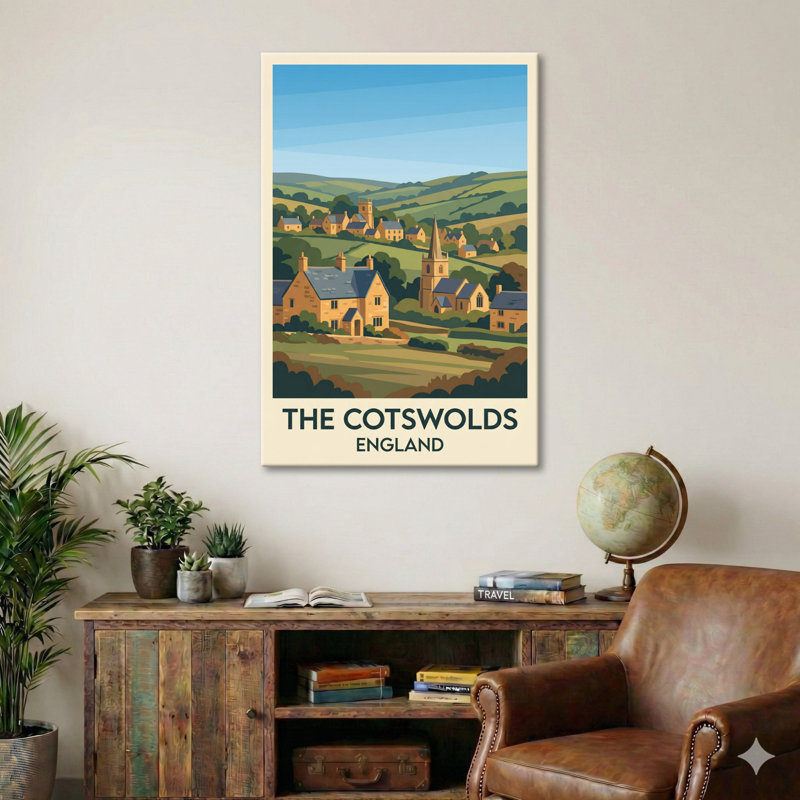 The Cotswolds, England - Romantic Travel Poster of Honey-stone Villages and Rolling Hills. Giclee Print on Wrapped Canvas. Wall Art, Home Decor - Regions & Scenic Areas, England 1 Piece Wrapped Canvas Wall Art