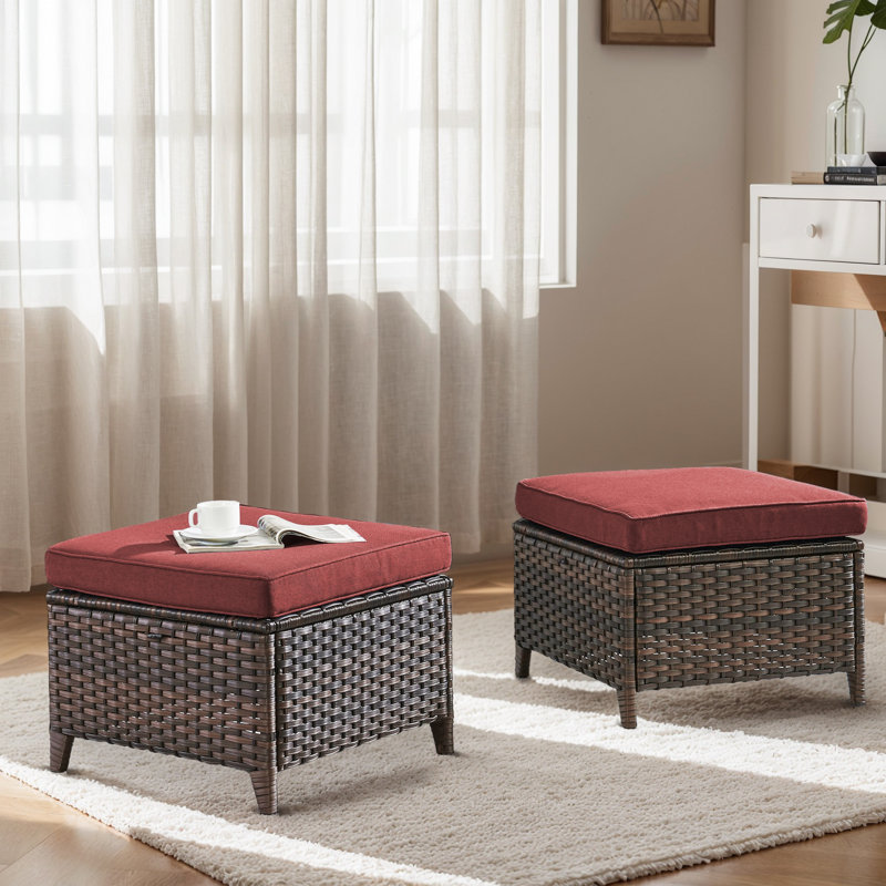 Abbey Outdoor Durable Wicker Ottomans With Olefin Cushions Durable & Weather-Resistant For Patios, Red, Brown