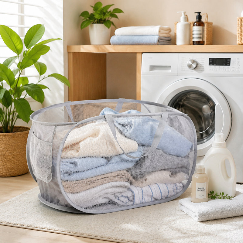 Household Foldable Laundry Basket (76L) — Pop-Up Mesh Style With Reinforced Steel Ring; Sturdy & Durable, Ideal For Bathrooms, Dorms, And Travel