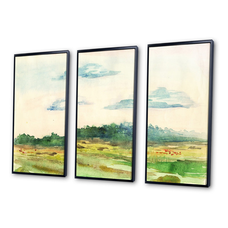 «Green Blossoming Summer Landscape», ensemble d'art mural sur toile encadré traditionnel de 3, H 28 po x l 36 po x P 1 po