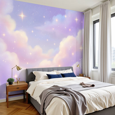 Peel and Stick Wallpaper Pastel Sky Soft Clouds Sparkling Stars Wall Murals 100"H x 144"W Removable PVC Wall Paper Self-Adhesive Wall Decor for Bedroom Living Room Home Office