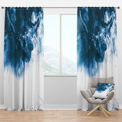 Blue and White Hand Painted Marble Acrylic - Mid-Century Curtain - Velvet Room darkening - 1 panel