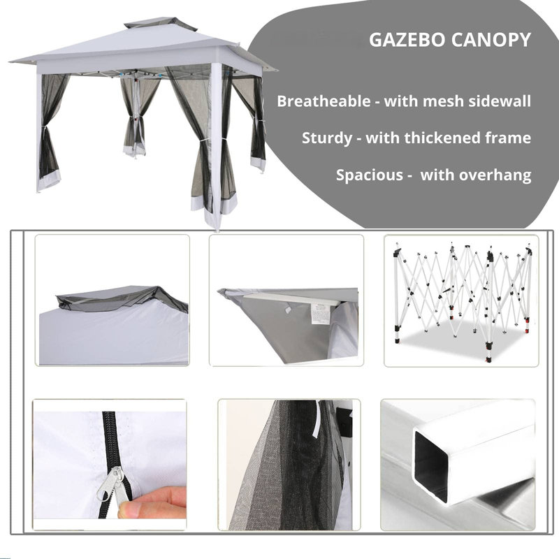 12x12 Outdoor Pop Up Canopy with Mosquito Netting Patio Tent Backyard Canopy with 2-Tiered Vented Top 3 Adjustable Height