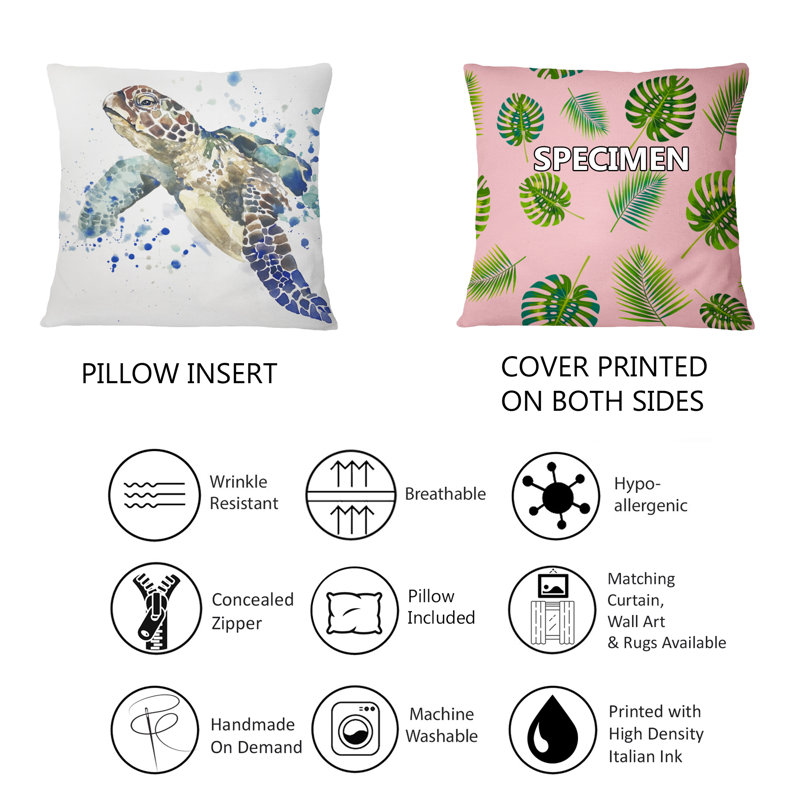 Tortue bleue - coussin imprimé animal, 18 po x 18 po, Coussin décoratif