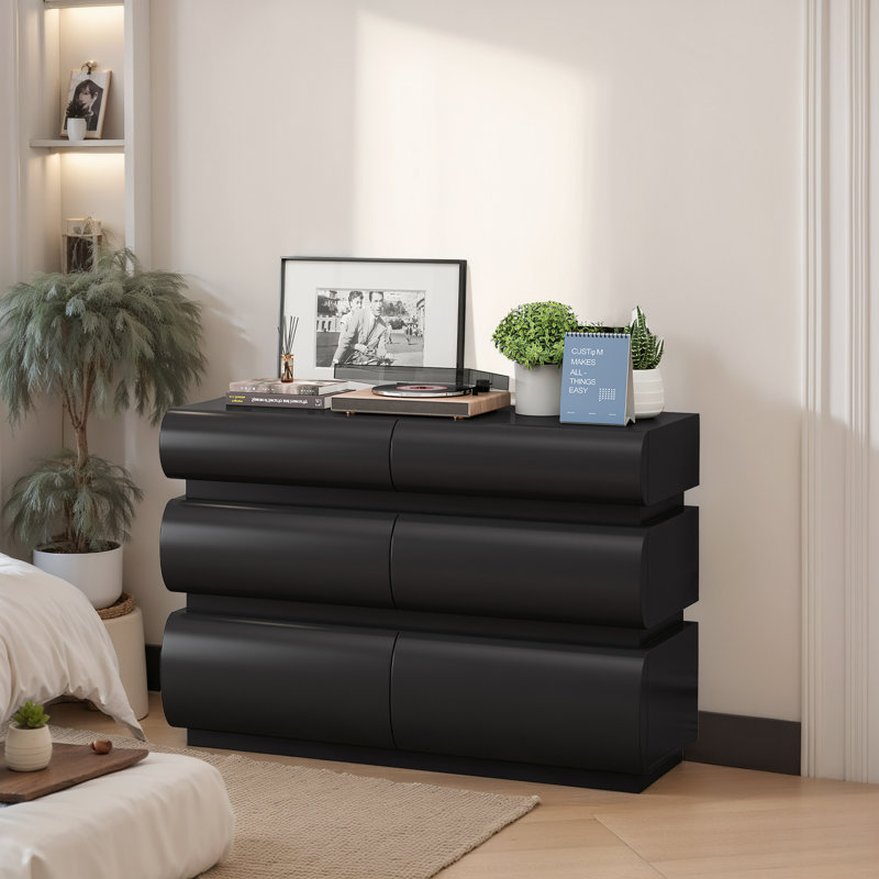Commode 6 tiroirs pour chambre à coucher, commode noire sans poignée, commode moderne 6 tiroirs avec rangement large