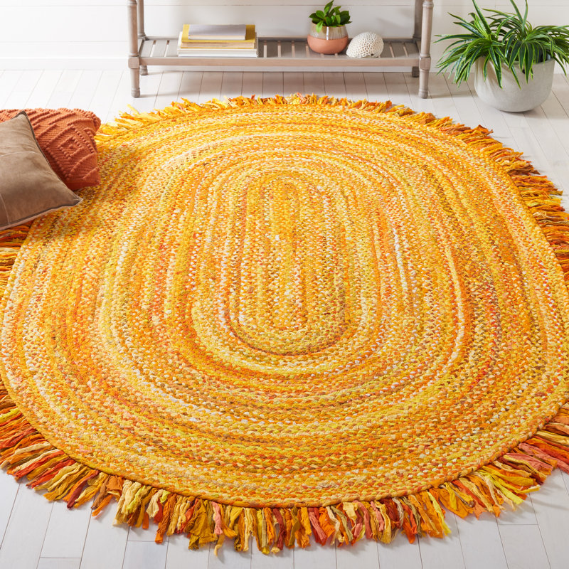 Kelling Solid Color Handwoven Cotton Area Rug in Gold, Oval 4' x 6'