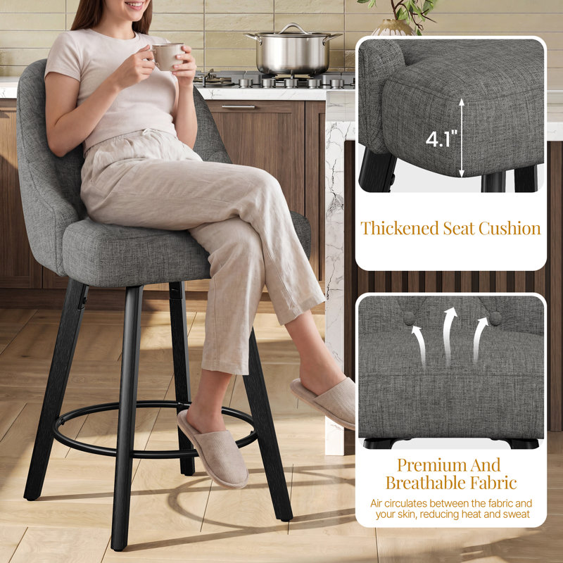 Swivel Upholstered Bar Stool with Solid Wood Frame, Grey Faux Leather, 1