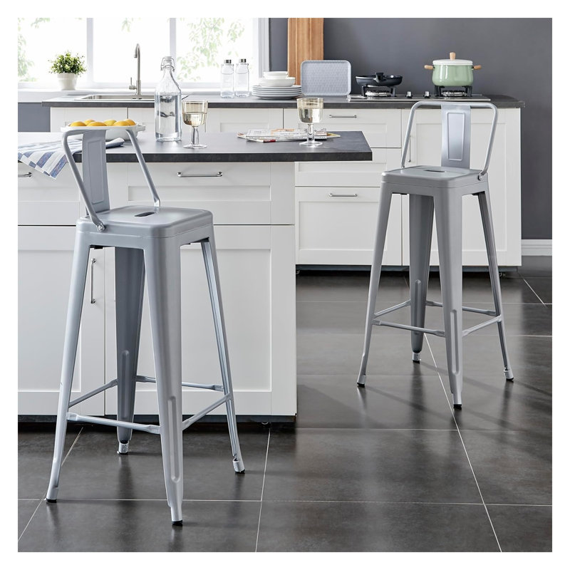 Tabouret de bar industriel antique en métal argenté avec finition vieillie, siège à hauteur de comptoir de 30 pouces