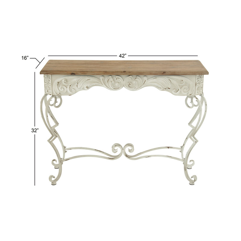 French Provincial White Metal Scroll Console Table with Fir Wood Top
