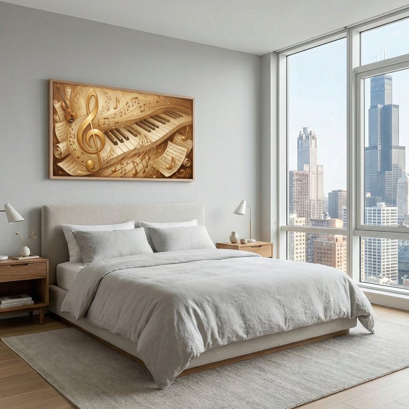 Tableau encadré sur toile avec notes de musique, 1 pièce, 147 x 71 cm, 58 po x 28 po