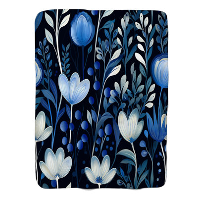 Fleurs indigo - couverture sherpa de qualité supérieure 1 pièce