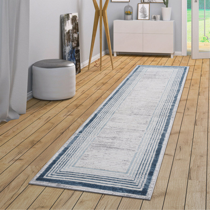 2X8 Blue/Bordered Non-Shedding Living Room Bedroom Dining Home Office Stylish And Stain Resistant Area Rug