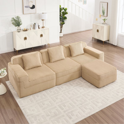 Canapé modulaire modulaire à 3 places en forme de L sans os, canapé modulaire Cloud avec assise profonde, canapé modulaire moderne à 3 places avec coussins décoratifs et 1 repose-pieds mobile, tissu en velours côtelé
