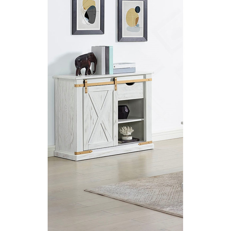 Table de canapé de style rustique avec tiroirs et tablettes ouvertes pour le salon, idéale pour le rangement et la présentation dans divers environnements
