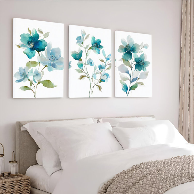Ensemble de 3 reproductions d'art sur toile tendue à l'aquarelle bleue, H 30 po x l 60 po