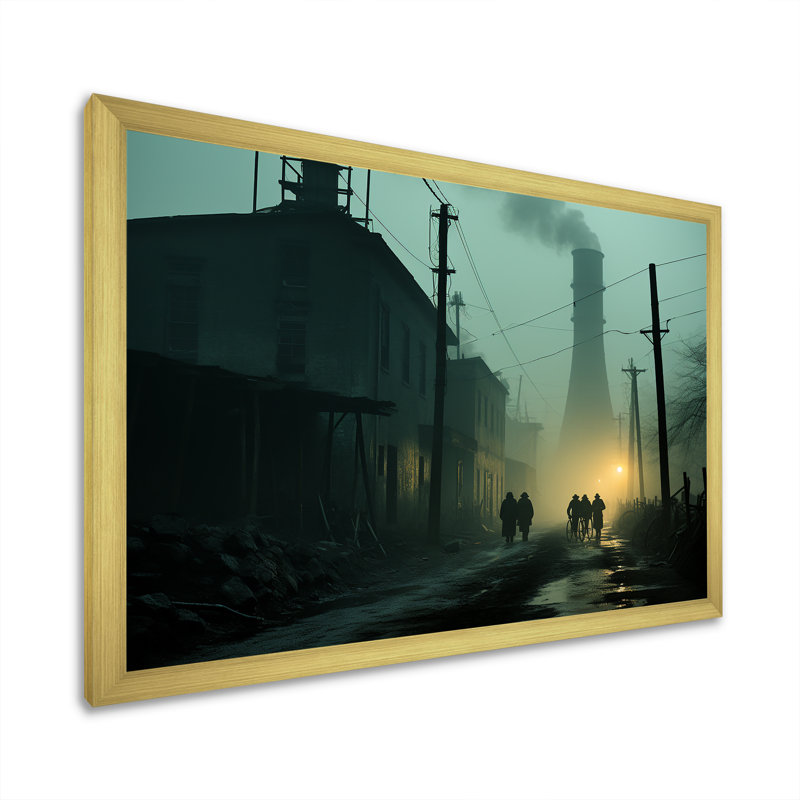 «Rainy Monochen Industrial Landscape I», reproduction sur toile, Cadre doré simple, H 16 po x l 32 po x P 1 po